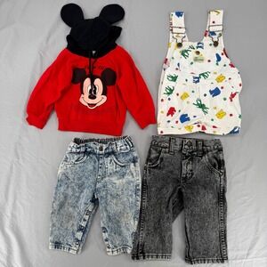 Vintage Toddler Boy Lot 12M Disney Mickey Mouse Hoodie Overalls Acid Wash Jeans